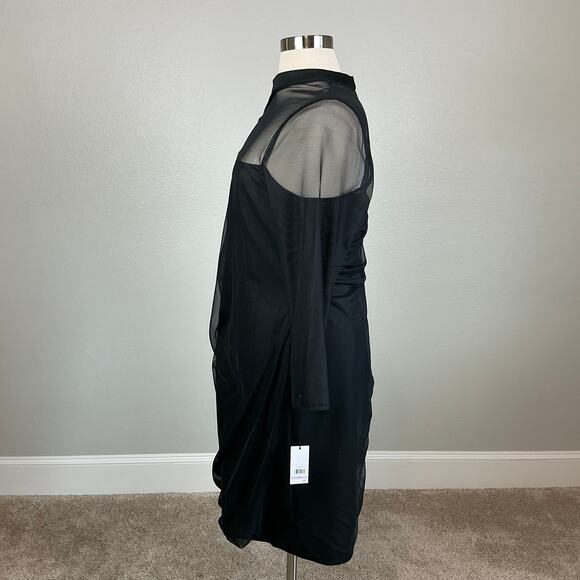 Calvin Klein Black Long Sleeve Sheath Cocktail Dress Size 22W Ruched Sheer Neck - Picture 5 of 12